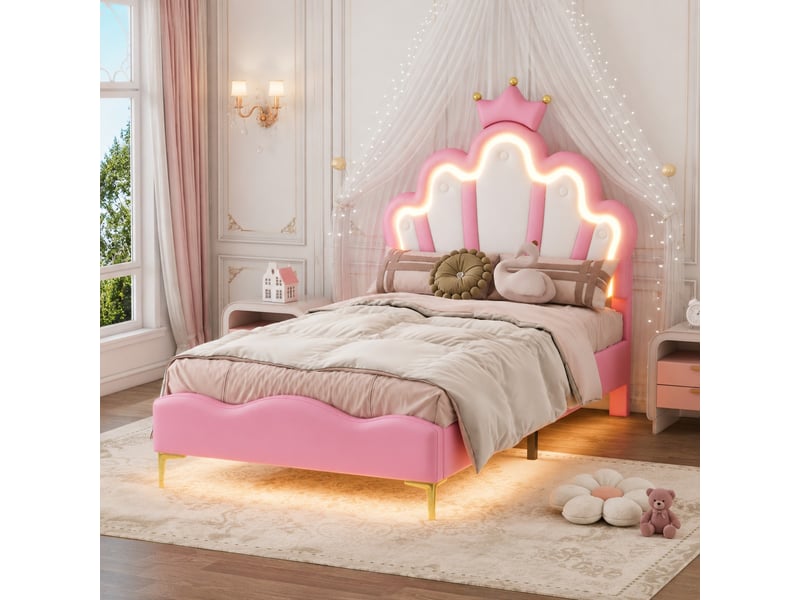 Lit simple enfant 200×90 cm en forme de couronne avec éclairage led réglable, revêtement en similicuir rose - Conforama B