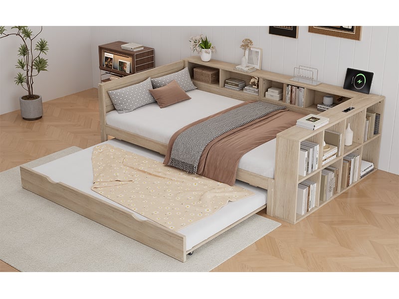  Lit enfant gigogne 120 x 200 + 90 x 190 cm en bois naturel, rangements intégrés, module réversible et prises usb  - Conforama B