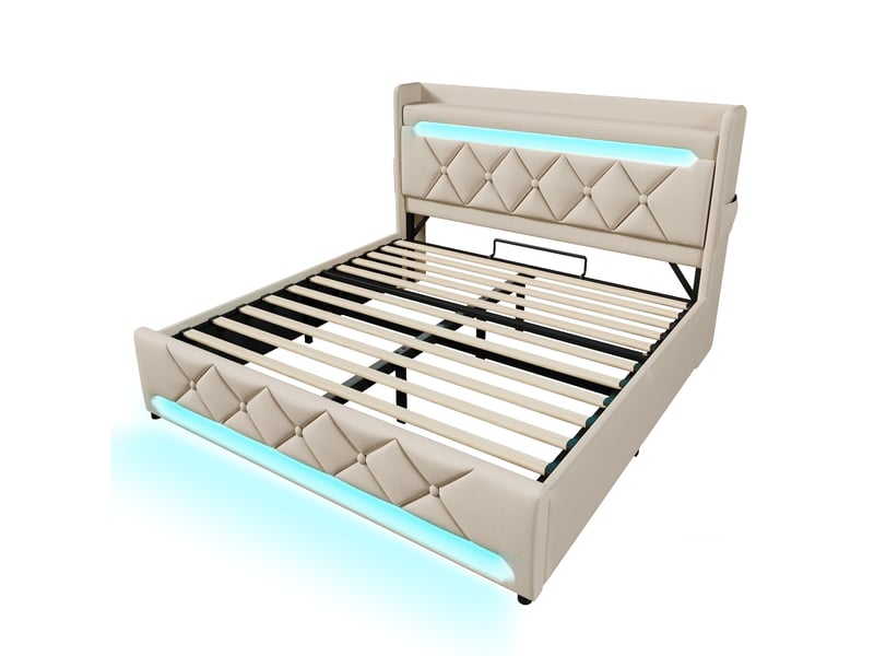  Lit double avec matelas 140 x 200 cm beige en lin, rangement hydraulique, led et usbtype-c  - Conforama A
