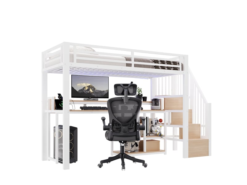  Lit mezzanine 90 × 200 cm avec escalier rangement, bureau, éclairage led et ports usb intégrés pour chambre, blanc  - Conforama A