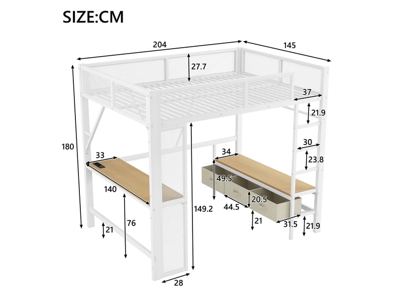  Lit mezzanine 140 x 200 cm en métal avec bureau, led, usb et 3 tiroirs, blanc  - Conforama C