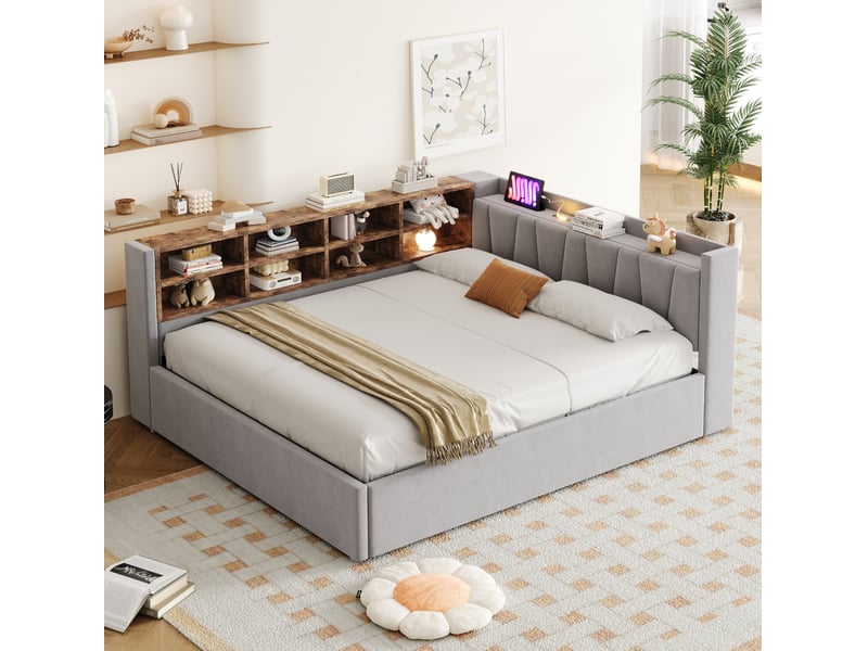 Lit coffre adulte 140x200 cm 2 places avec tête de lit, éclairage led, usb, type-c, rangement et revêtement velours gris clair, sans matelas  - Conforama D
