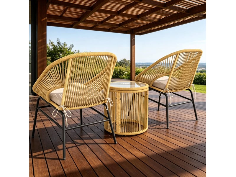 Salon de jardin 2 places beige en résine tressée avec table ronde en verre trempé et coussins amovibles - Conforama D