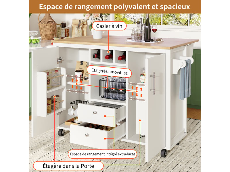 Îlot de cuisine 137,9x73x92,2 cm avec rangement, plan rabattable et roulettes, mdf et métal, blanc, poignées chromées - Conforama E