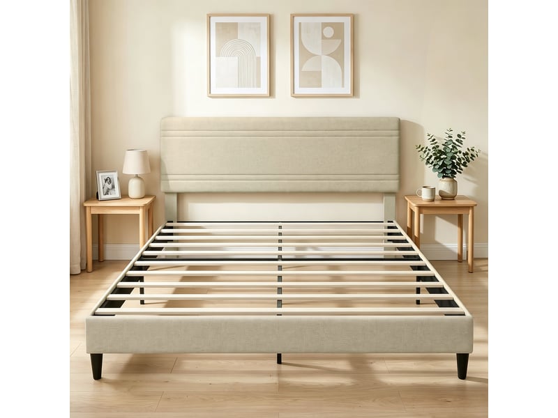  Cadre de lit 160 x 200 cm avec sommier en bois, rembourré en effet lin, cadre en acier, 9 pieds robustes, beige  - Conforama A
