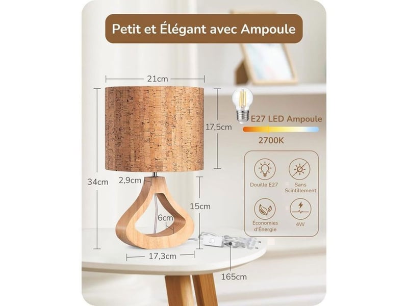  Lampe de chevet scandinave bois clair beige à motif écorce e27 ampoule led 2700k t24019 370618_AAAYU28967_6_DROPFR - Conforama D