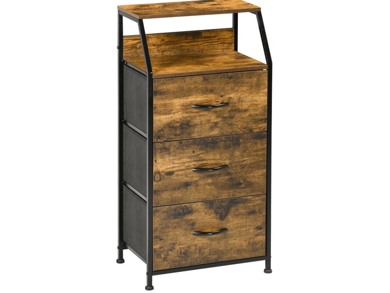  Commode de rangement en tissu à 3 tiroirs avec étagères et cadre en acier marron rustique  - Conforama A