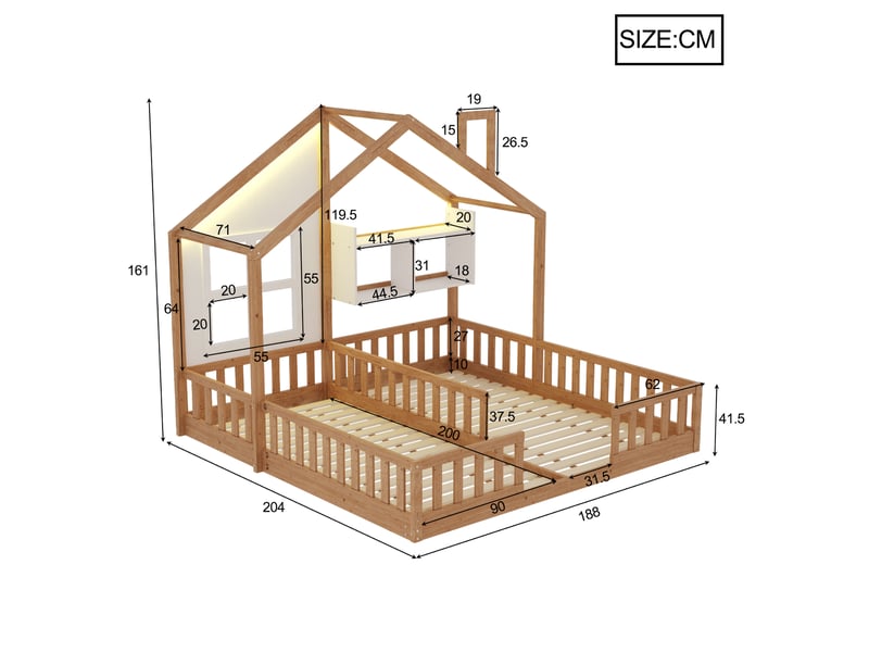 Lit cabane enfant à 2 couchages 90x200 cm avec led et barrières, coloris bois naturel - Conforama E