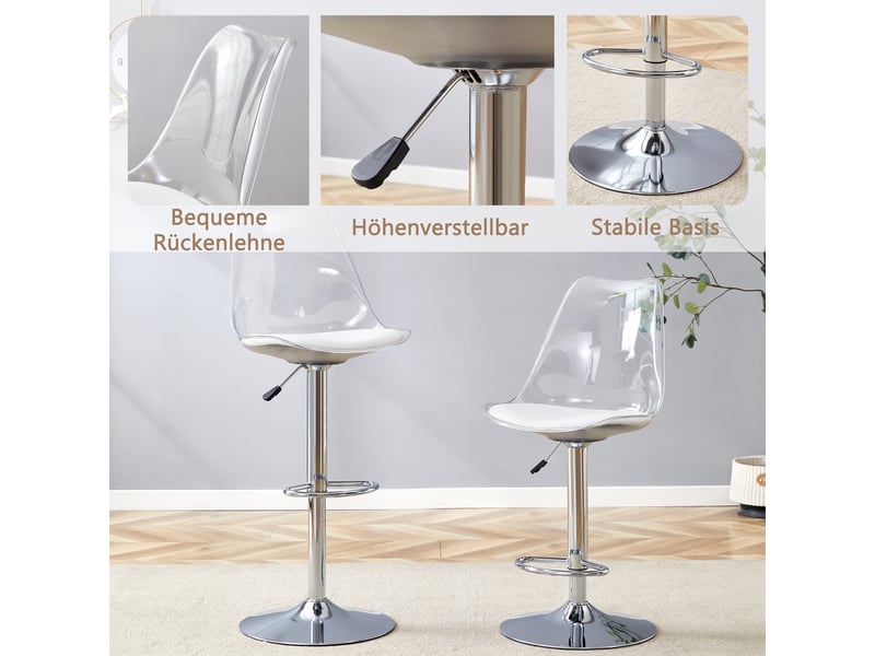 Lot de 2 tabourets de bar réglables,60-80 cm,pivotants transparents,pu,blanc  - Conforama D