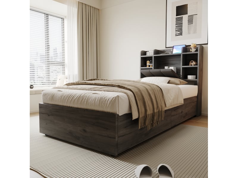  Lit coffre tcqpz 90 x 200 cm avec tête de lit de rangement usb et type-c gris mdf sans matelas  - Conforama D