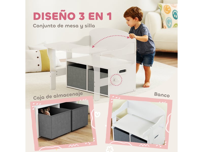Ensemble 3 en 1 convertible pour enfants comprenant banc, table et chaise, coffre à jouets avec cubes en tissu amovibles, blanc - Conforama E