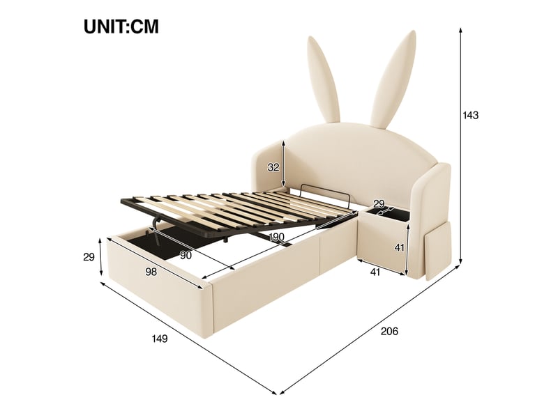  Lit coffre 90x190 cm avec table de chevet, tête de lit à oreilles de lapin en velours beige  - Conforama E