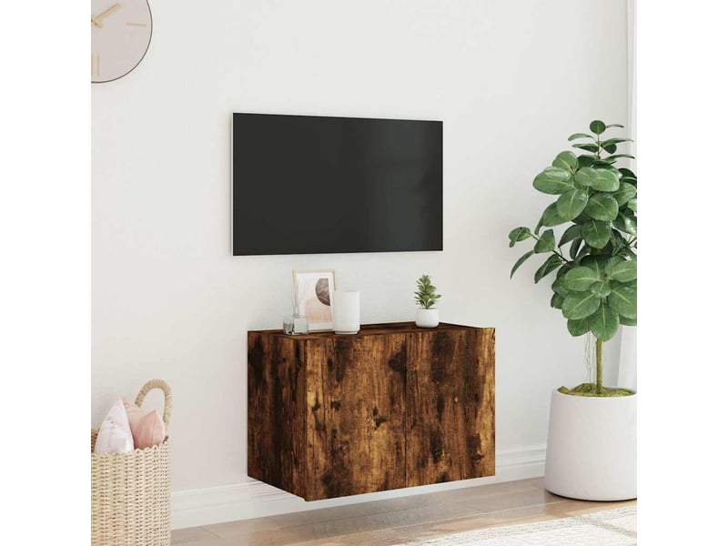  Meuble tv - banc tv - meuble de rangement mural avec lumières led chêne fumé 60x35x41 cm  - Conforama E