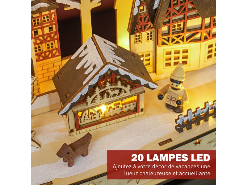  Village de noël lumineux, village de noël animé en bois, avec 20 led, 45l x 12l x 30h cm, paysage enneigé, bois naturel  - Conforama E