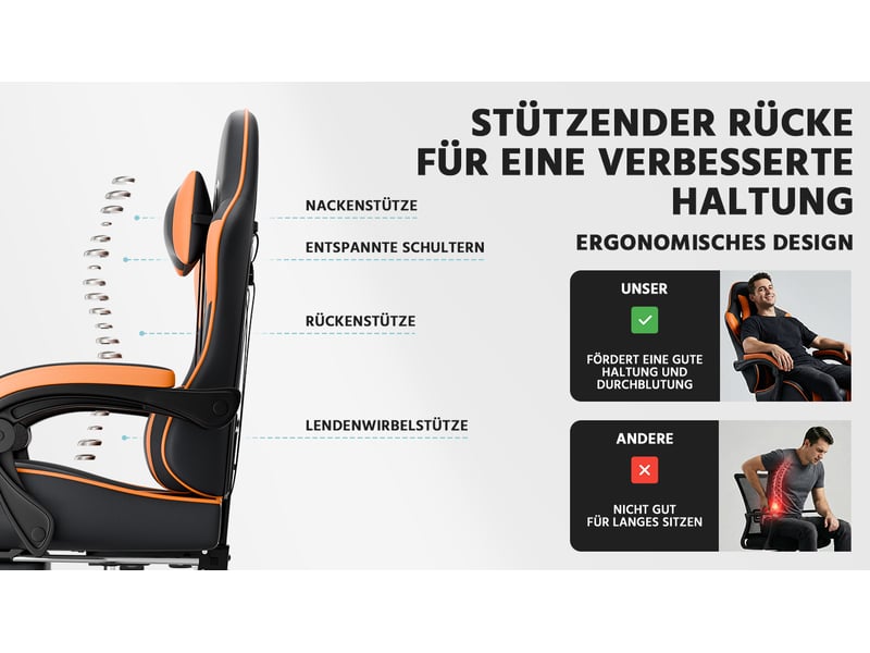 Chaise gaming ergonomique en similicuir noir et orange, avec soutien lombaire, dossier et hauteur réglables, fauteuil de bureau confortable - Conforama E