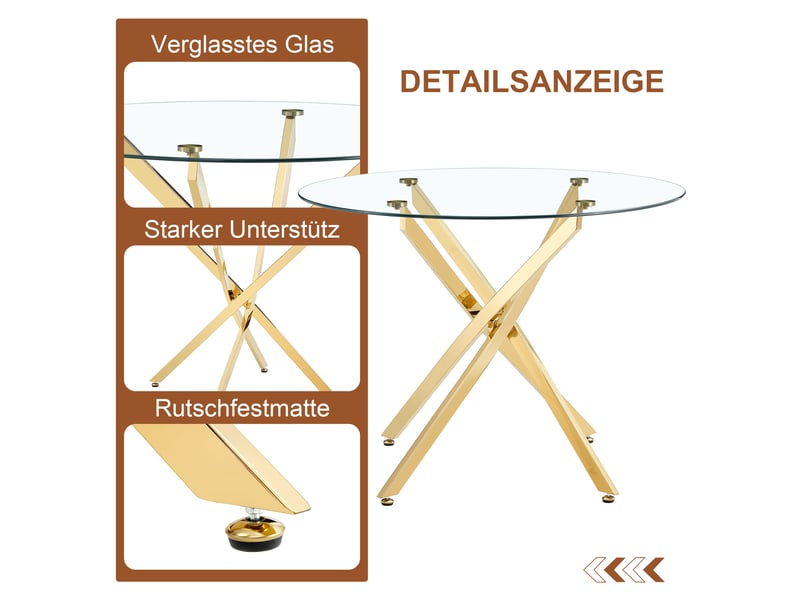  Ensemble table ronde et 4 chaises, plateau en verre trempé 88 cm, sièges blancs en similicuir et structures en métal doré  - Conforama W