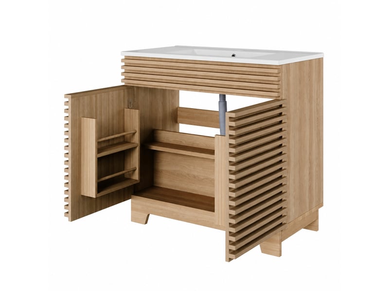  Meuble vasque 91 cm effet bois naturel avec vasque intégrée et 2 portes, 91 x 46 x 80 cm  - Conforama A
