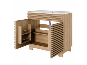 Meuble vasque 91 cm effet bois naturel avec vasque intégrée et 2 portes, 91 x 46 x 80 cm
