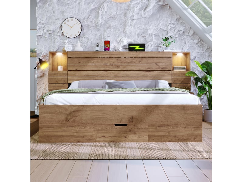 Lit double adulte 180x200 cm, tiroirs, chevets, niche éclairée, usb type-c, spots éclairage led, mdf+métal, chêne, sans matelas - Conforama D