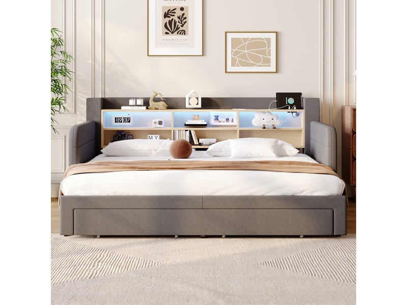  Canapé-lit 90 x 200 cm - avec lit gigogne - avec éclairage led - avec 2 tiroirs - tissu velours - gris (matelas non inclus)  - Conforama D