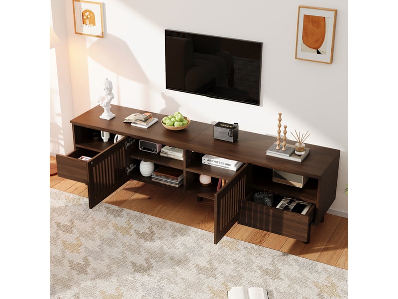  Meuble tv 180 cm en bois mdf, 2 portes grillagées et 2 tiroirs, niches ouvertes, pieds en bois massif, pour téléviseur 55-75 pouces, 180×40×51 cm  - Conforama D