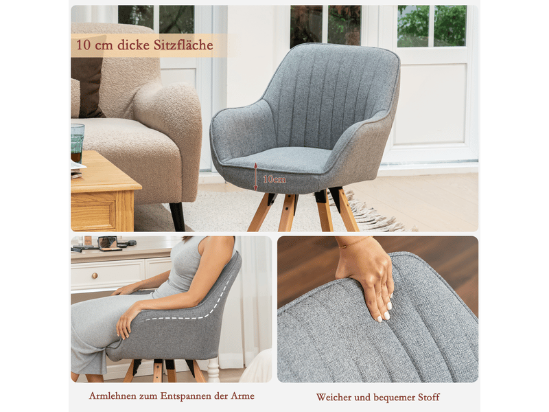  Lot de 6 chaise salle à manger scandinave fauteuil coiffeuse siège pivotant avec accoudoirs rembourré en tissu pieds en bois massif, gris  - Conforama C