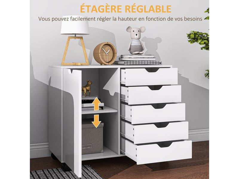  Meuble de rangement pour bureau 5 tiroirs 1 porte étagère réglable, support imprimante roulettes, 78x40x66,5 cm, blanc  - Conforama E