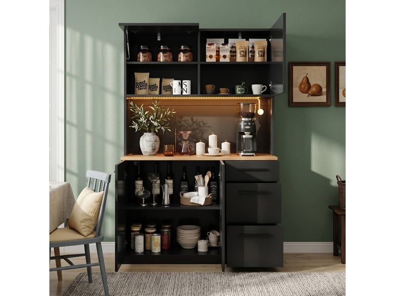 Buffet haut 120x40x180cm noir avec étagères prises usb et bande lumineuse pour salle à manger - Conforama D