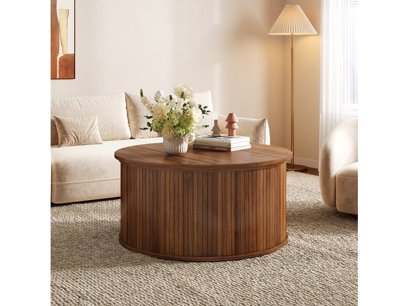 Table basse ronde avec plateau relevable et rangement sous couvercle, finition noyer en mdf, pour salon 88 × 88 × 53,5 cm - Conforama D