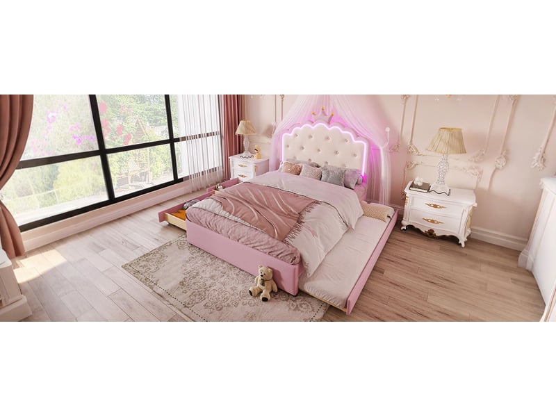  Lit coffre 140x200 cm rose pu avec sommier à lattes éclairage led télécommande lit gigogne 2 tiroirs Sol Morn - Conforama E