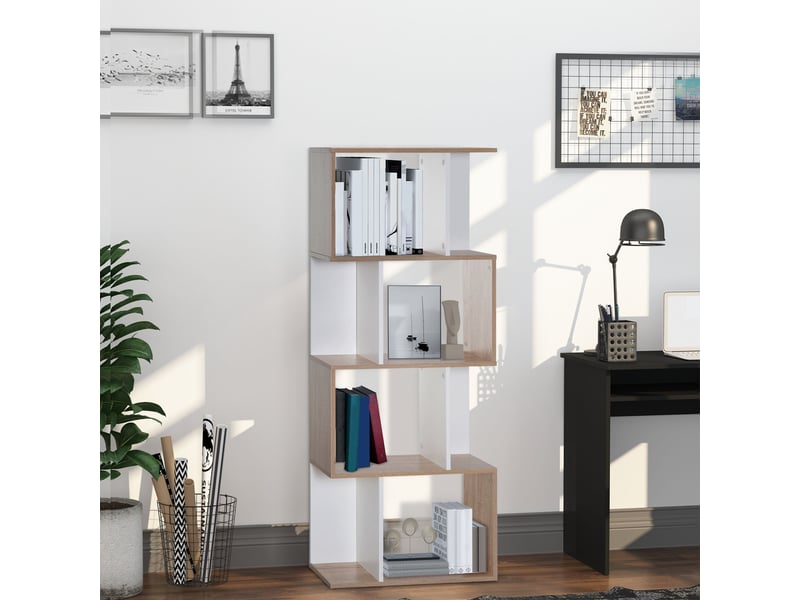 Bibliothèque en forme de s 4 niveaux, bois naturelblanc, 60×24×148 cm  - Conforama C