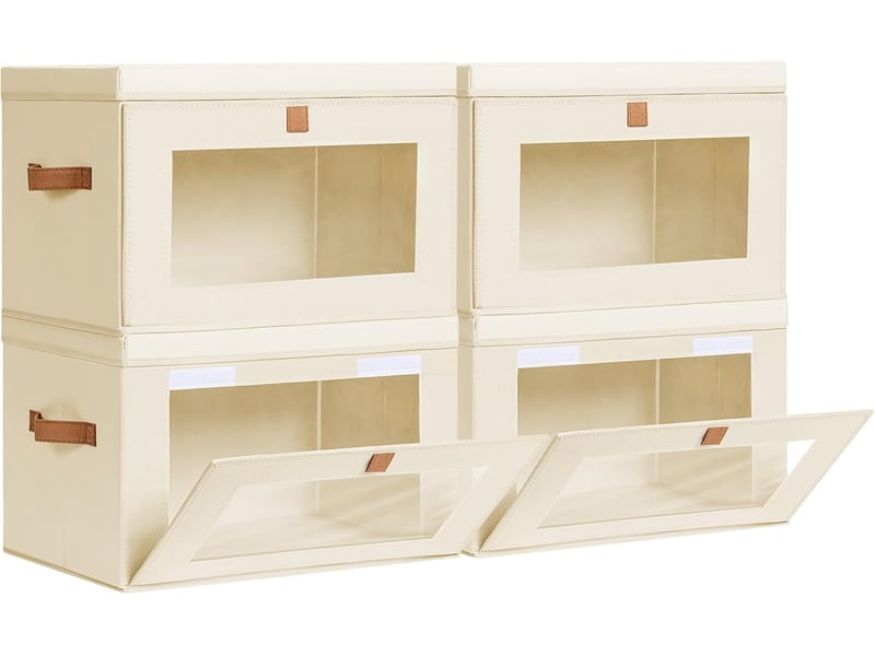 Boîtes de rangement pliables 4 pièces, organiseurs de placard en tissu avec poignées et fenêtre, beige  - Conforama A