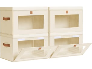 Boîtes de rangement pliables 4 pièces, organiseurs de placard en tissu avec poignées et fenêtre, beige
