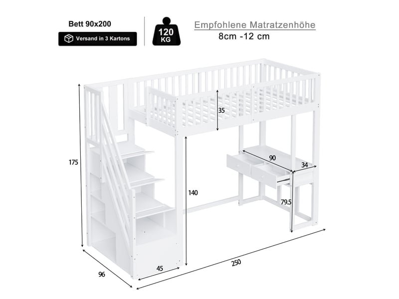  Lit mezzanine enfant 90 x 200 cm avec bureau, escalier de rangement, blanc  - Conforama C