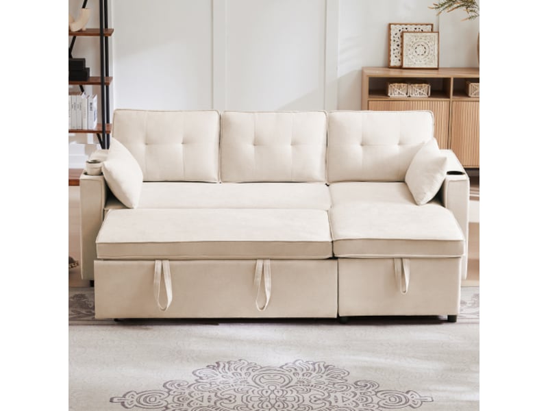  Canapé d'angle réversible convertible 3 places coton et lin beige coffre de rangement canapé d'angle beige - Conforama D