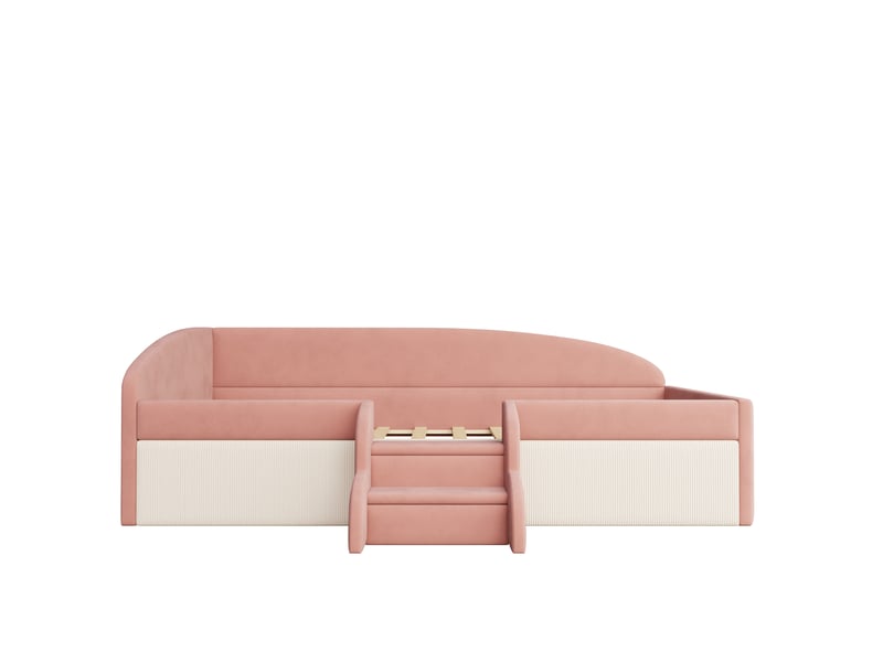  Lit canapé enfant multifonction velours rose et crème 90x190 cm avec marches  - Conforama A