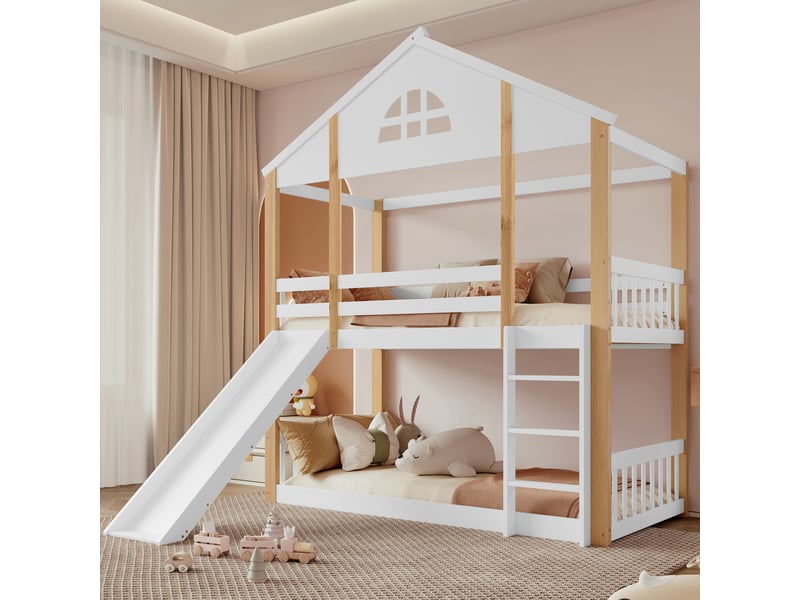  Lit superposé cabane 90 x 200 cm - lit enfant - bois de pin - 2 x sommier à lattes - certifié en747 - blanc  - Conforama W