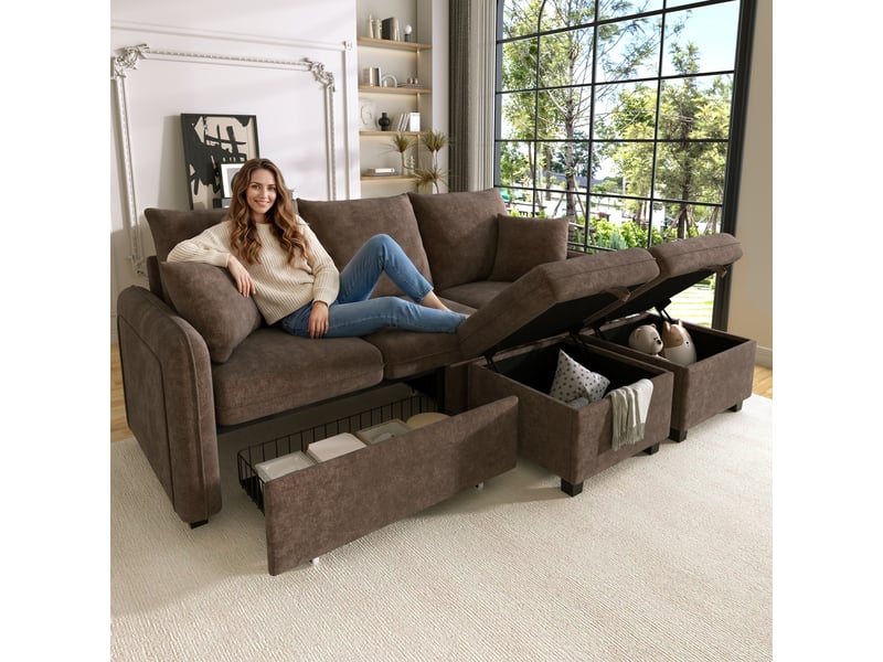  Canapé d'angle modulable 3 places en tissu chenille, 2 poufs à rangement, convertible en l ou en lit  - Conforama B