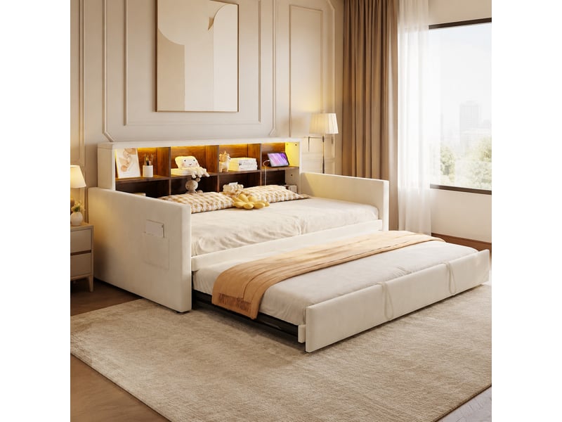  Lit gigogne 90x190 cm avec rangements, led en velours beige  - Conforama B