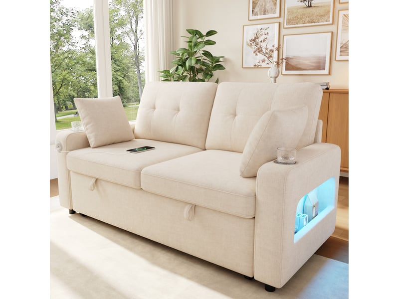  Canapé convertible 2 places modenvie beige en chenille avec led, ports usb et type-c, rangements, porte-gobelets et 2 coussins 141,5 x 131 x 83,5 cm  - Conforama B
