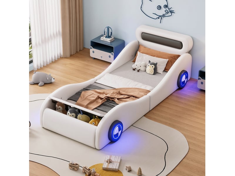  Lit enfant voiture rembourré 90x200 cm avec roues lumineuses blanc  - Conforama B