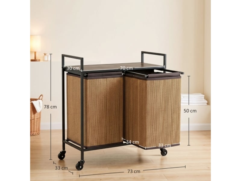  Panier à linge 73x33x78 cm, 120 l, 2 sacs amovibles avec tablette et roulettes en bambou brun  - Conforama E