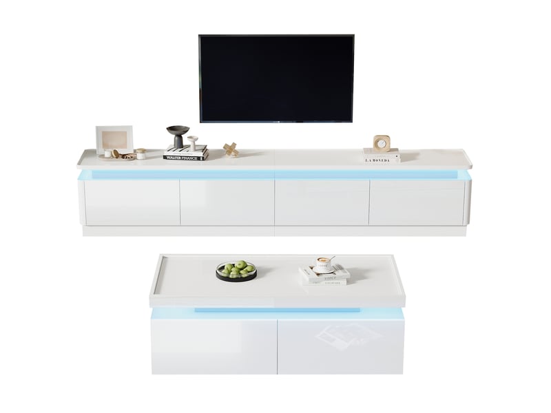 Ensemble meuble tv et table basse blanc brillant avec led et 4 tiroirs, design minimaliste moderne pour tv jusqu'à 75 pouces - Conforama A