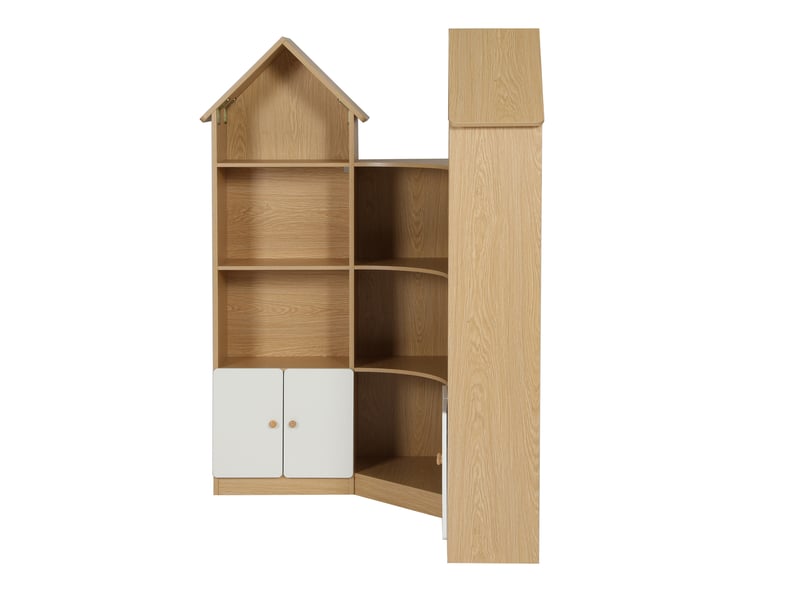  Armoire d'angle enfant 104x25x148 cm, forme maison, 4 niveaux, portes, panneauxde particules, blanc et naturel  - Conforama E