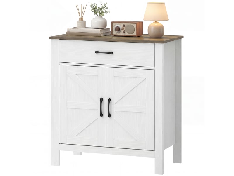  Buffet de salon, meuble de rangement avec 2 portes coulissantes de style grange, tiroir et étagère réglable, 77 x 39,3 x 81,5 cm, blanc et marron  - Conforama B