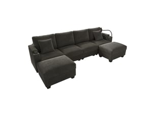 Canapé d'angle réversible convertible <strong>STILVORA</strong> <strong></strong> 6 places Velours côtelé gris avec coffre de rangement