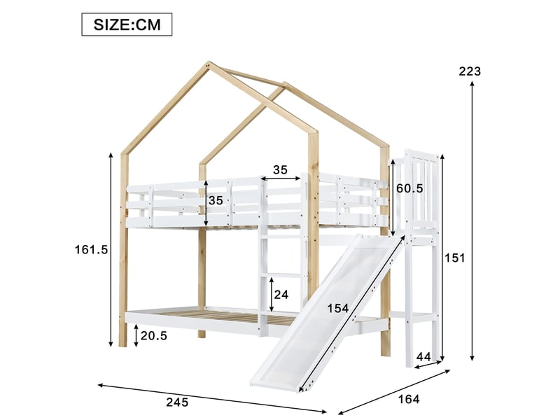  Lit superposé enfant 2x90x200 cm – blanc et naturel – toboggan, 2 tiroirs, échelle 3 marches - sans matelas  - Conforama C