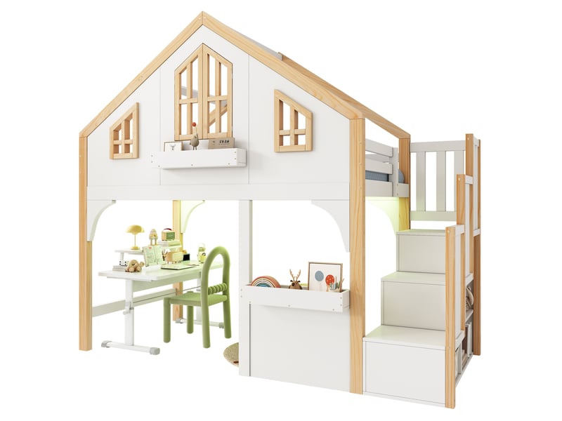 Etagenbett, hochbett, kinderbett, holzbett, hausbett 90x200cm mit led und stauraumtreppe, fenster-form, weiß+naturfarbe - Conforama E