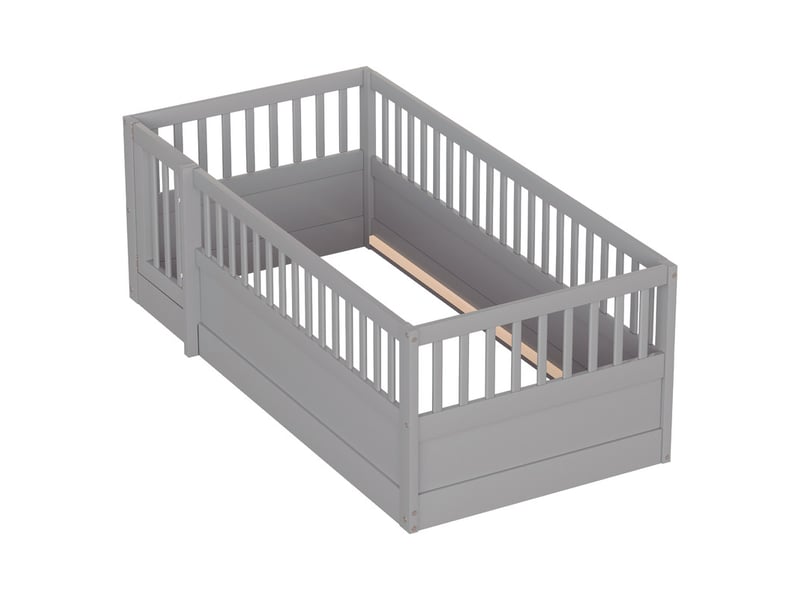 Lit enfant 90 x 200 cm - cadre de lit en bois - avec barrières de sécurité - avec porte - gris (sommier à lattes non inclus)  - Conforama W