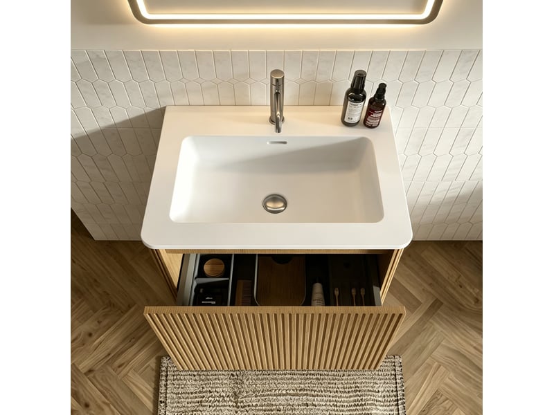  Ensemble meuble salle de bains suspendu 61 cm bois clair, vasque et miroir led antibuée réglable, 1 tiroir  - Conforama D